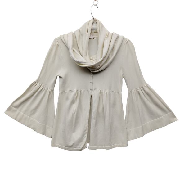 Zoe D. Fine Knit Blouse Size XS Beige Flared Sleeves Attached Scarf 5 Buttons - Picture 5 of 8